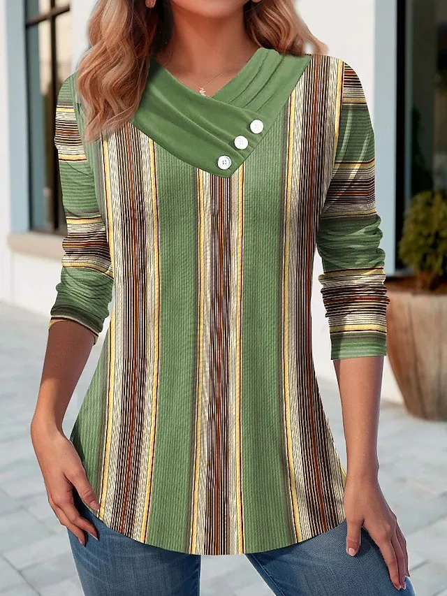 Geometric Stitching Contrast Color Women's V neck Long Sleeve Style 1 - Shop at LoveMi