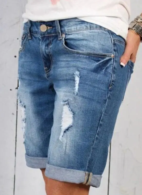 Ripped Cropped Pants Stretch Denim Middle Pants For Women Blue - Shop at LoveMi