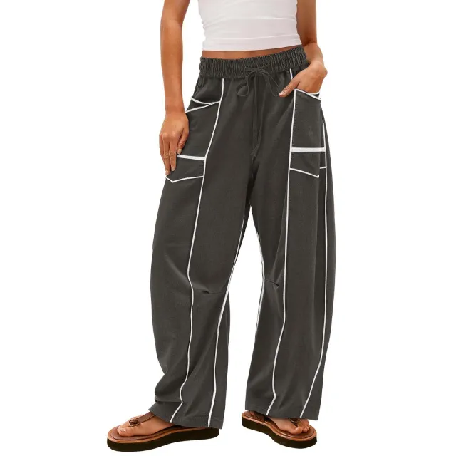 Y2K Black Striped Wide leg Pants With Pockets Fashion Loose Drawstring Trousers Sports Sweatpants Women's Clothing Dark Gray - Shop at LoveMi