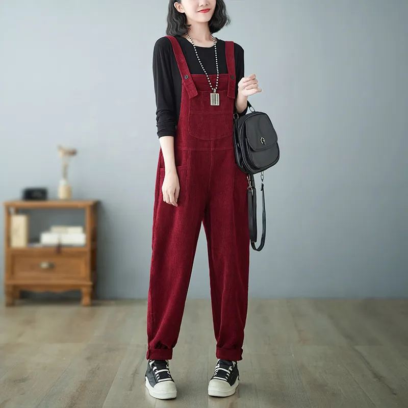 Women's Loose Casual Small Red Overalls - Wine Red