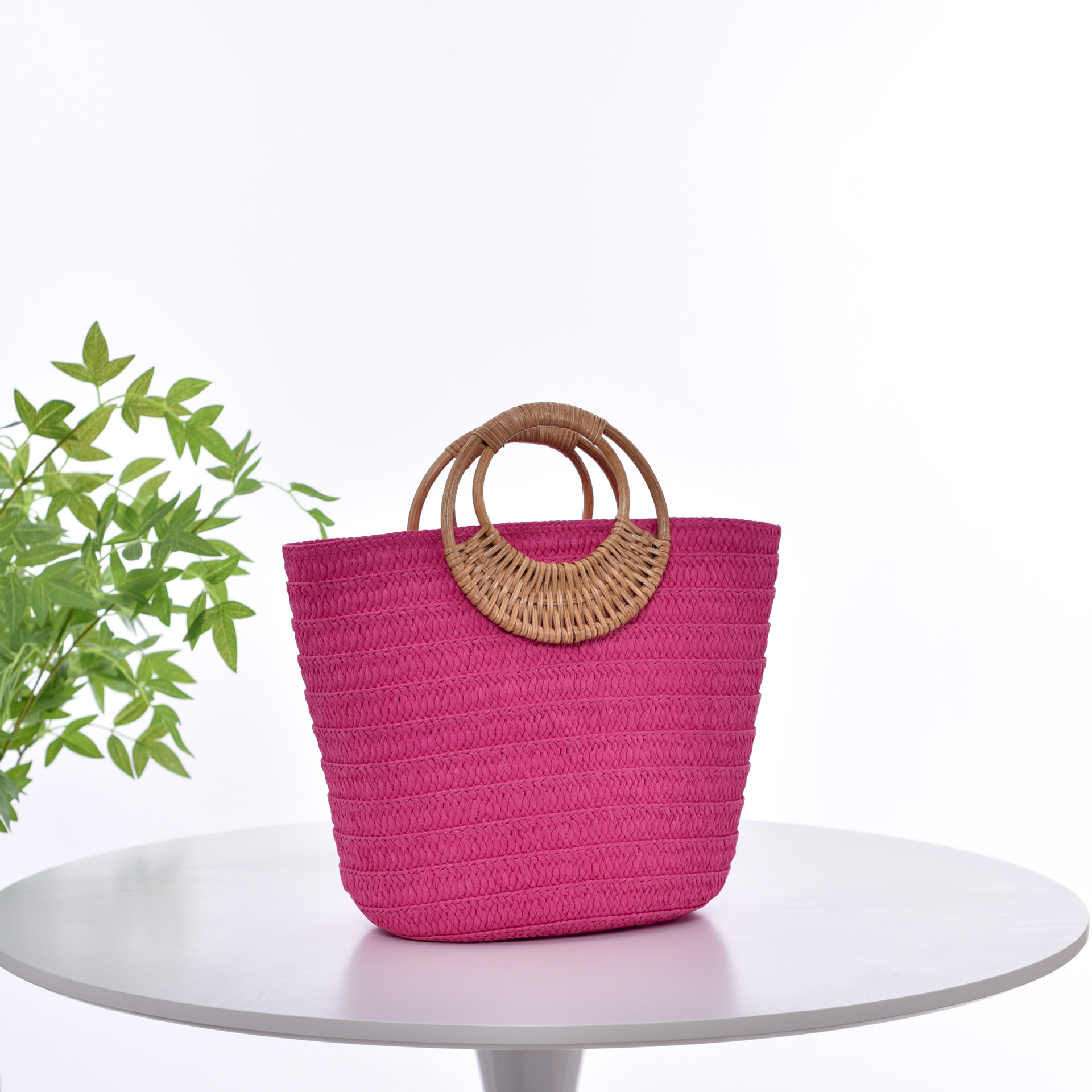 Simple Straw Weave Womens Large-Capacity Round-Handle Tote Bag