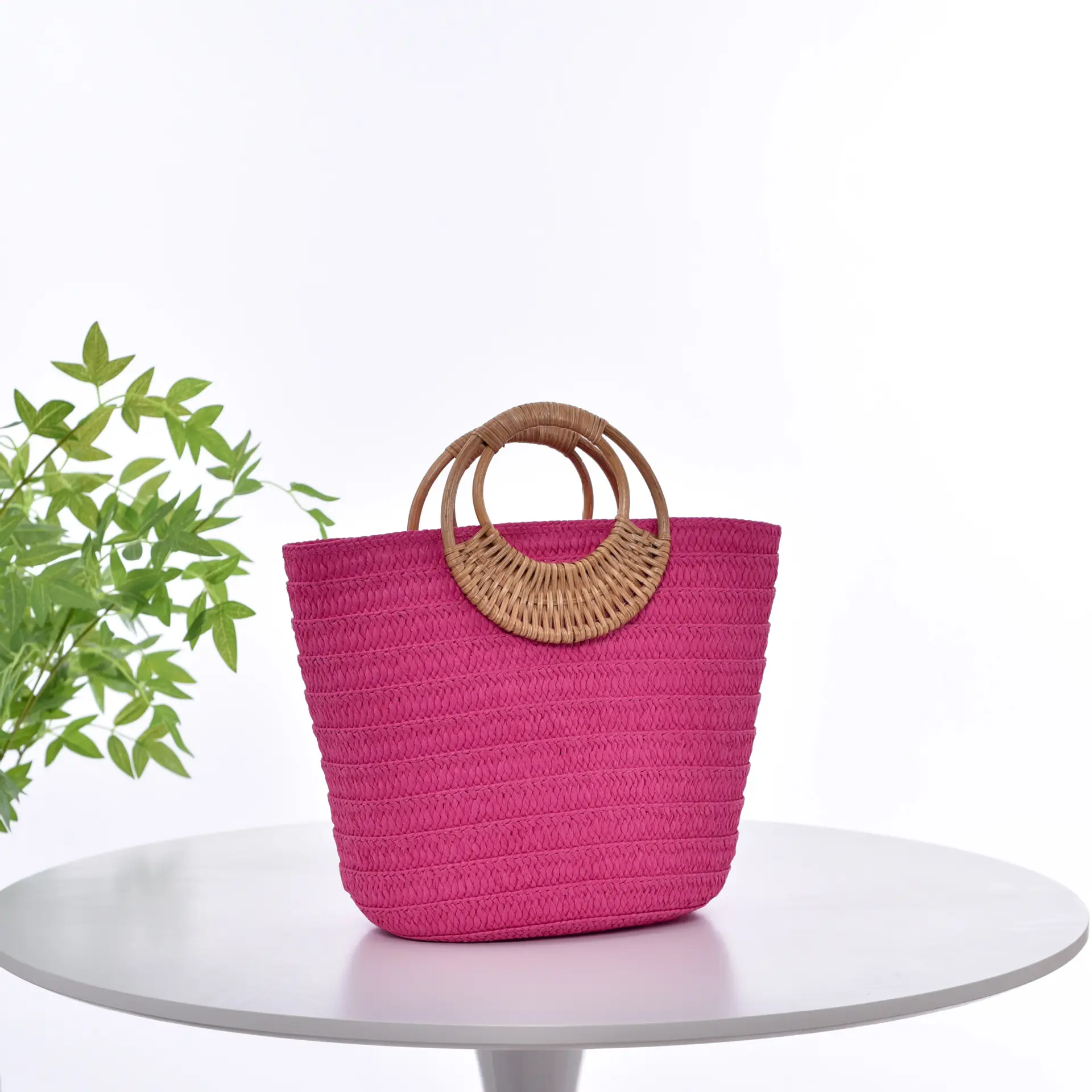 Simple Straw Weave Womens Large-Capacity Round-Handle Tote Bag