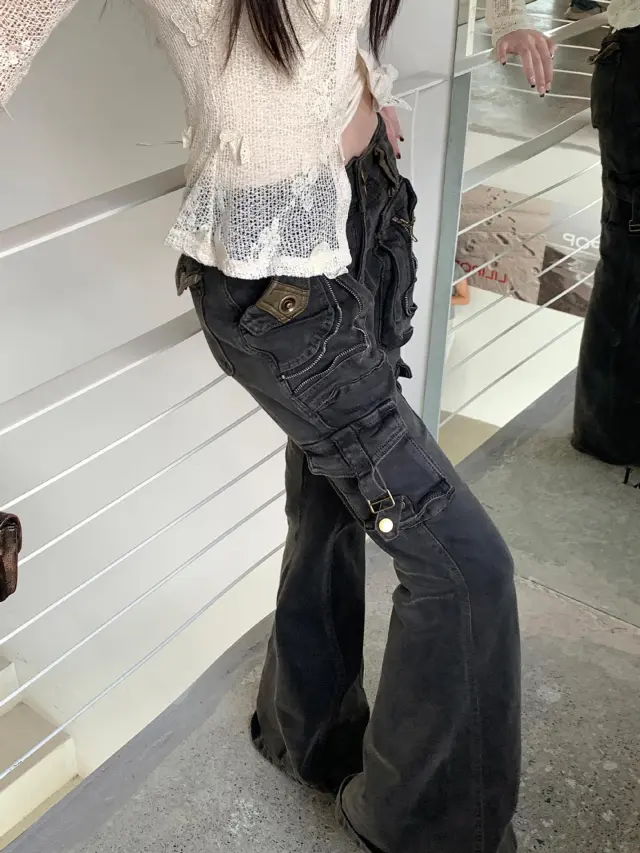 Washed Old Multi pocket Slightly Flared Jeans Black And Gray - Shop at LoveMi