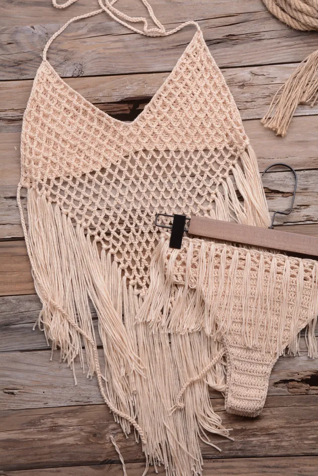 Hand woven Beach Hollow Tassel Split Swimsuit Set Sales Apricot - Shop at LoveMi