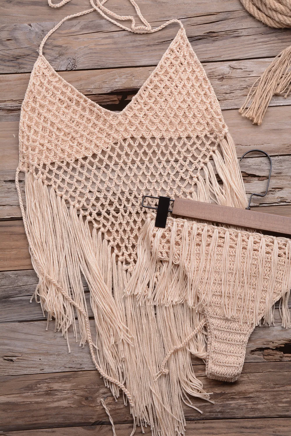 Hand-woven Beach Hollow Tassel Split Swimsuit Set Sales - Apricot