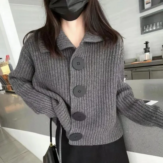 Idle Style Cotton Sweater Coat Women's Wide Loose Lapel Gray - Shop at LoveMi