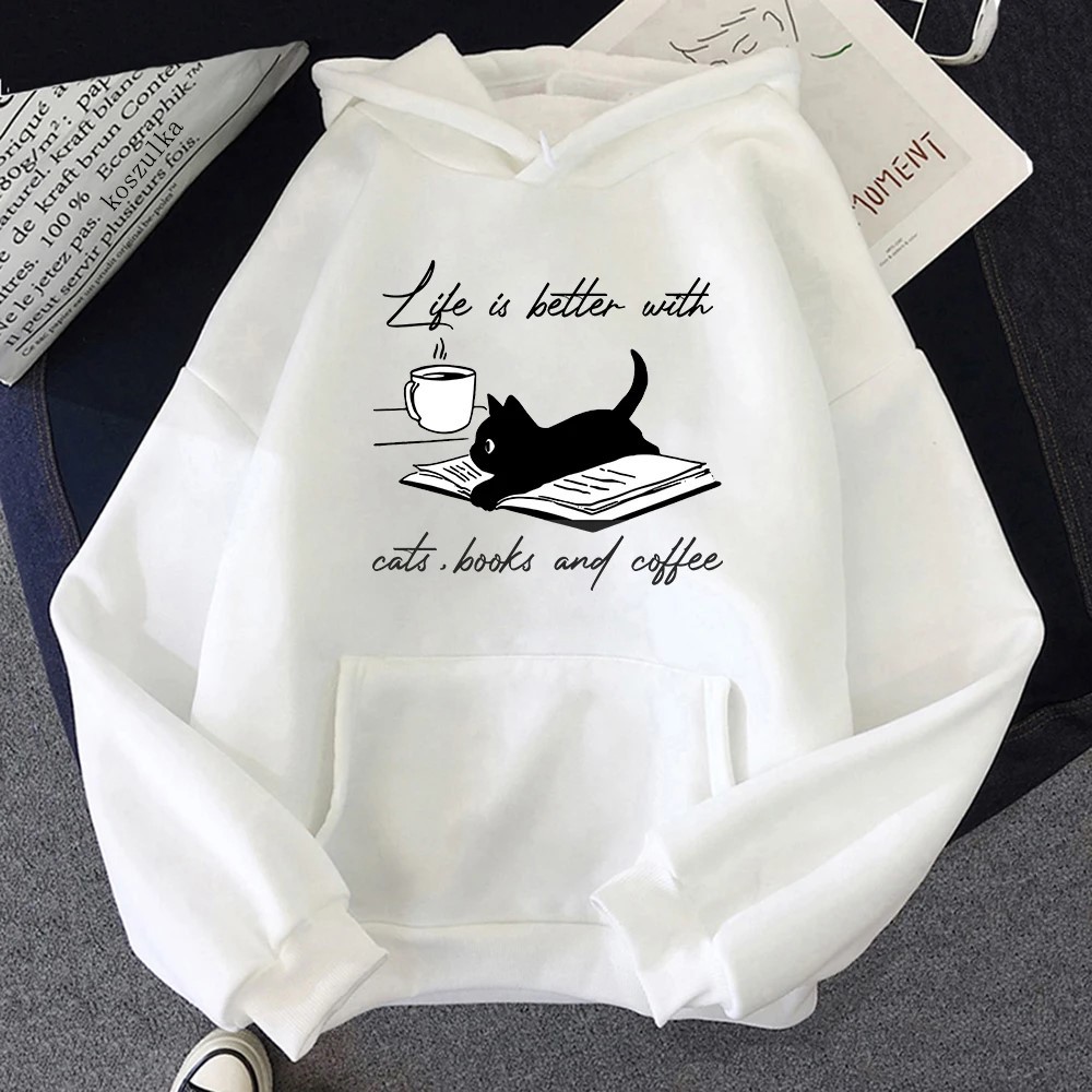 European And American Street Coffee Cat Cartoon Print Sweatshirt