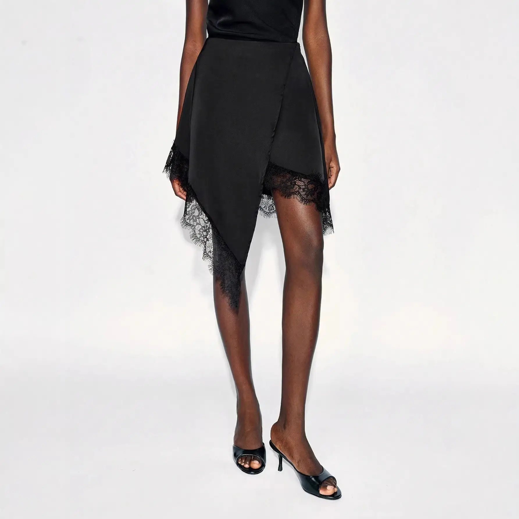Solid-color Lace-panel A-line Asymmetrical Skirt For Women