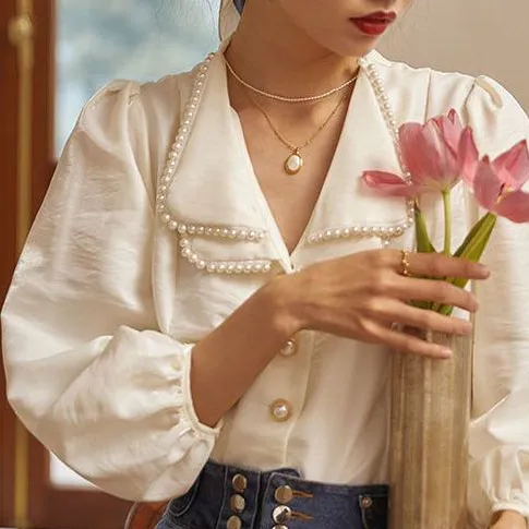 New French Style Retro Design Niche Bubble Sleeve Elegant Top White - Shop at LoveMi