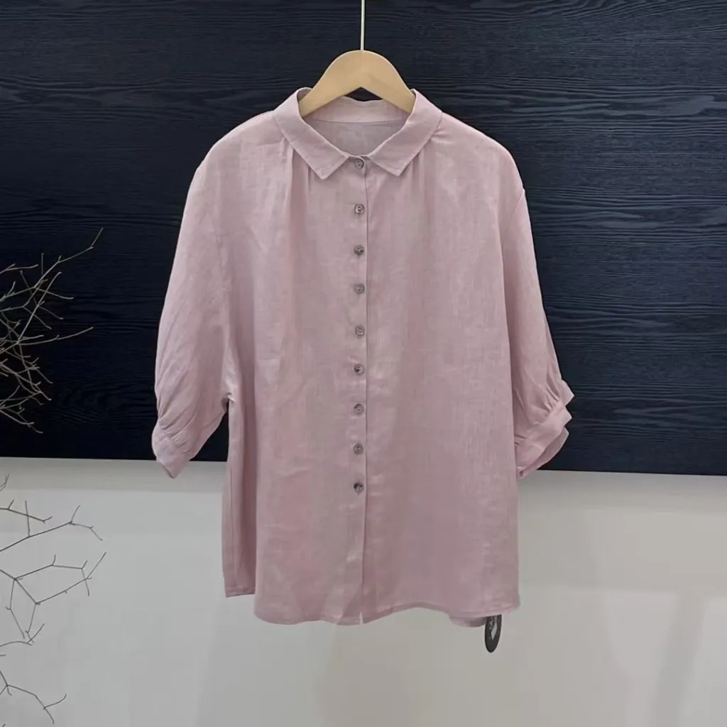 Artistic Versatile Breathable Solid Color Linen Women's Shirt - Pink