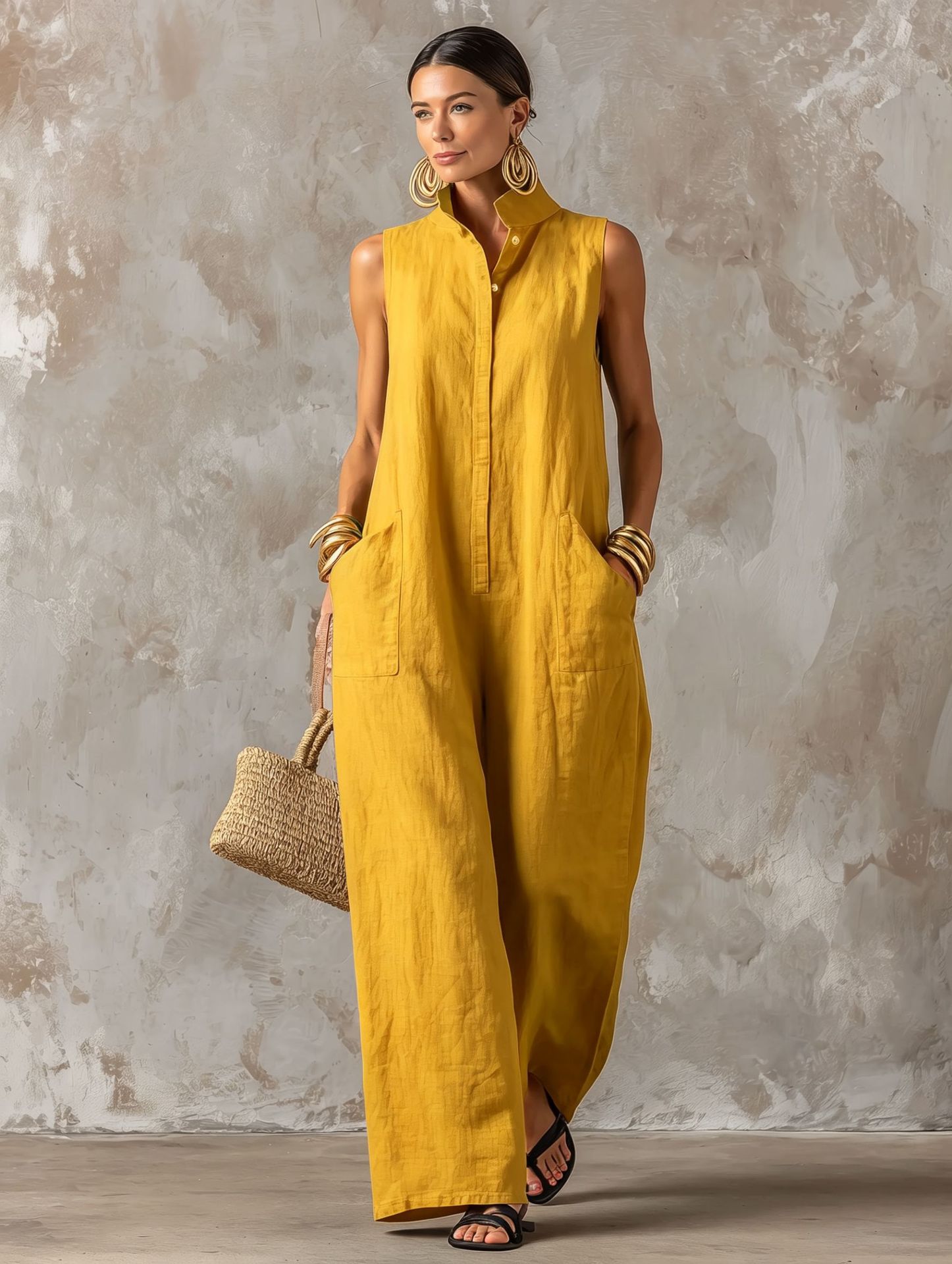 Linen blend sleeveless stand-collar jumpsuit detail view – one-button stand collar women's fashion