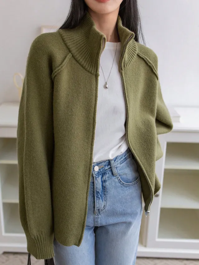 Solid Color Stand Collar Zipper Knitted Cardigan Top Olive - Shop at LoveMi