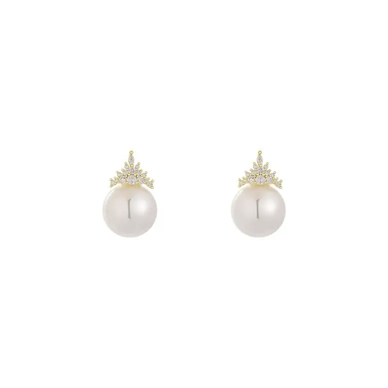 Zircon Crown Pearl Stud Earrings Retro