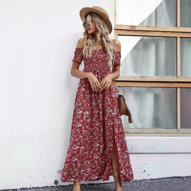 Bohemian Off shoulder Small Floral Dress Red - Shop at LoveMi