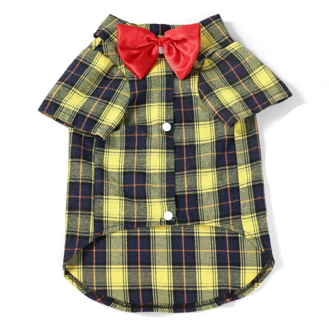 Pet Clothes Small And Medium sized Dogs Plaid Shirt Yellow Bow Tie Male - Shop at LoveMi