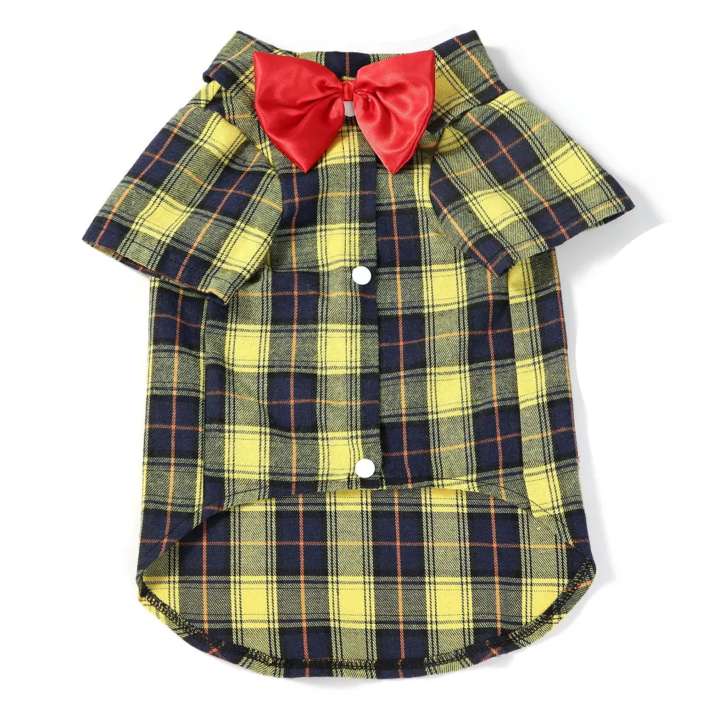 Pet Clothes Small And Medium-sized Dogs Plaid Shirt - Yellow Bow Tie Male