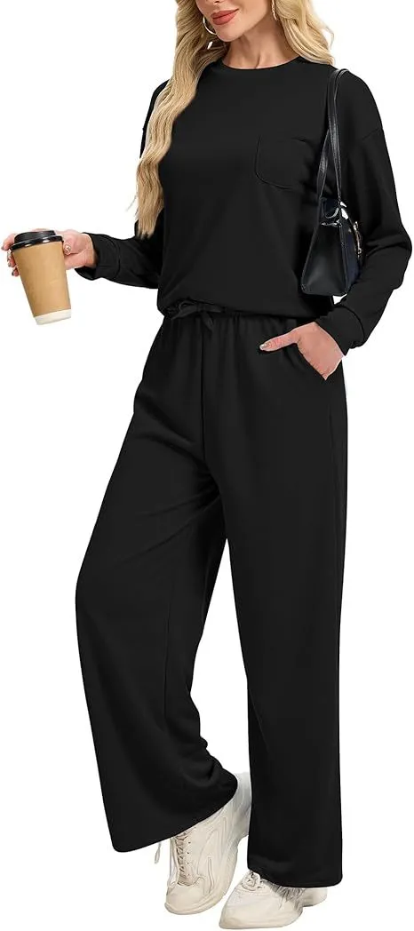 Knitted Long sleeved Top Casual Wide leg Trousers Suit Black - Shop at LoveMi