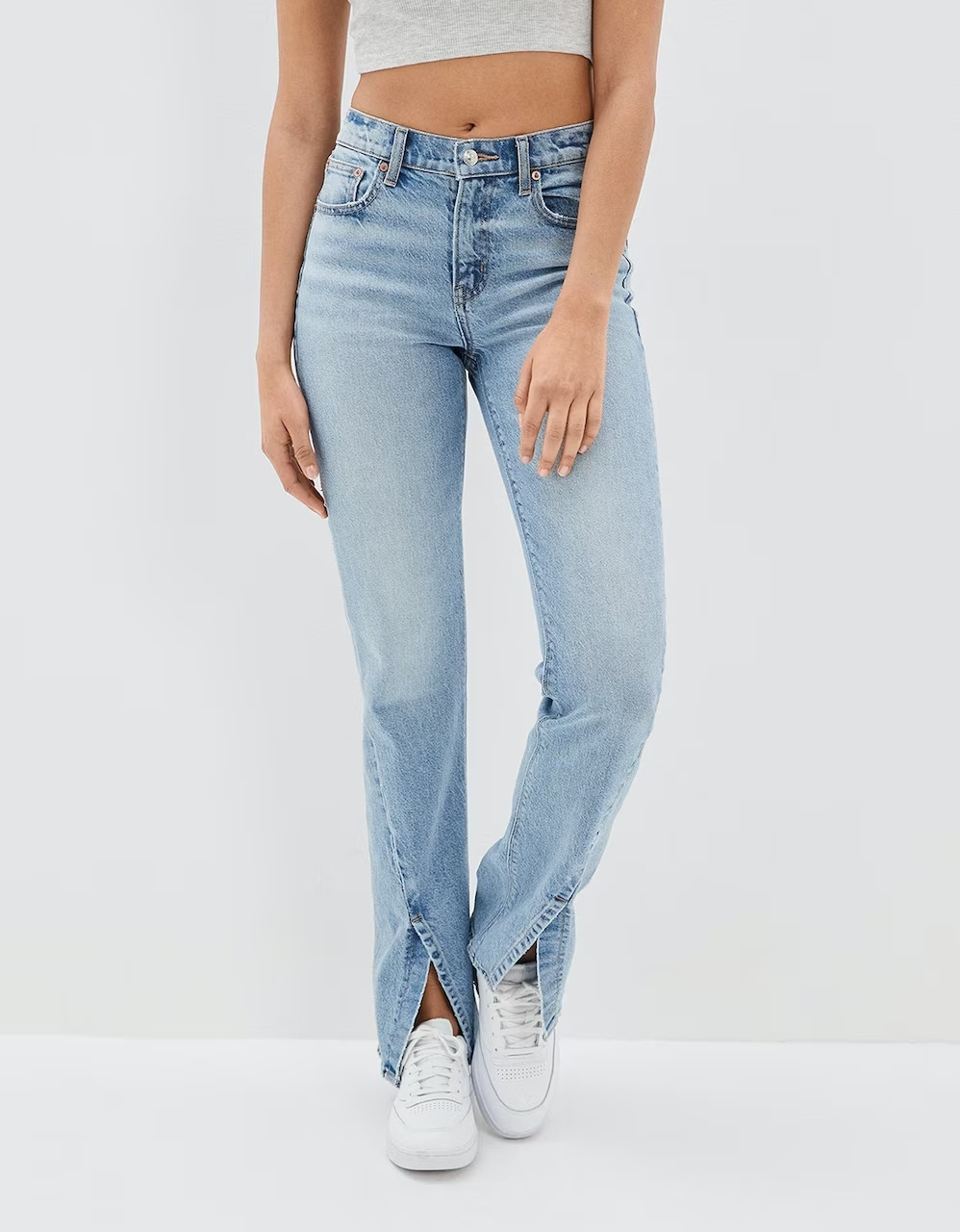 Commuter Split Straight Pants Fashionable Stretch Washed Jeans Light Blue - Shop at LoveMi