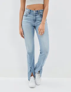 Commuter Split Straight Pants Fashionable Stretch Washed Jeans - Light Blue - View 1