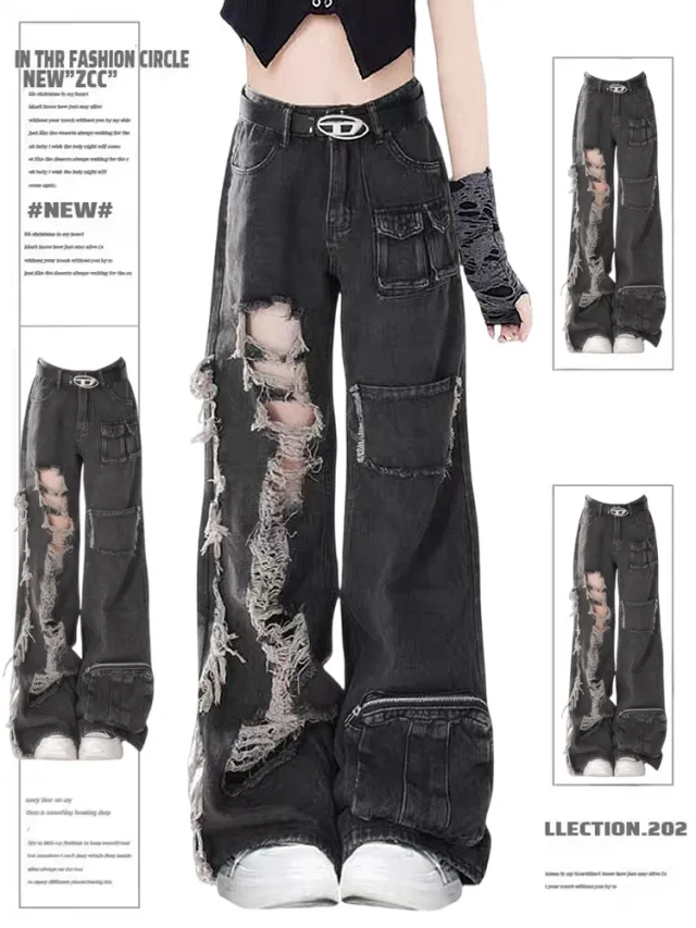 American High Street Niche Ripped Burr Cargo Jeans Black - Shop at LoveMi