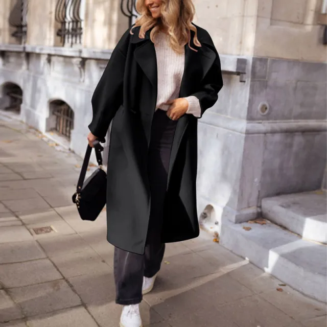 Suit Collar Black Lengthened Woolen Coat Overcoat Black - Shop at LoveMi
