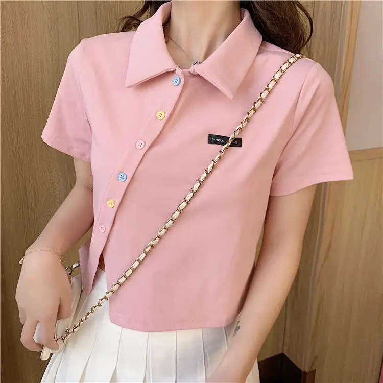 Female Cultivator's High-waisted Lapel-collar Short-sleeve T-shirt