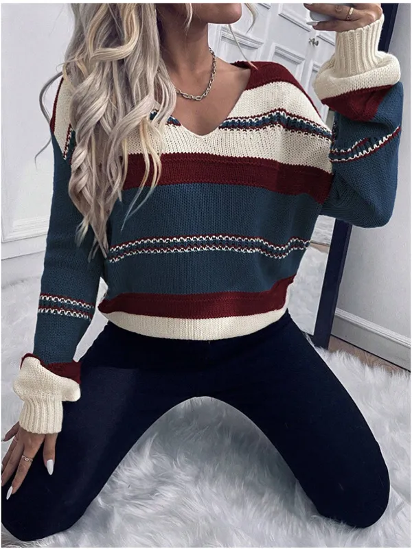 Women's V neck Casual Loose Contrast Color Striped Pullover Dark Blue - Shop at LoveMi