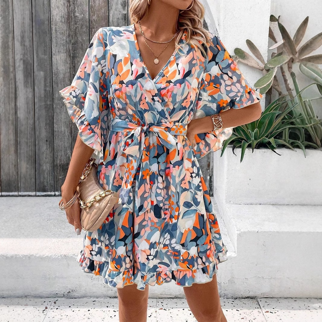 New Floral Print Short sleeved Women's Dress Orange - Shop at LoveMi