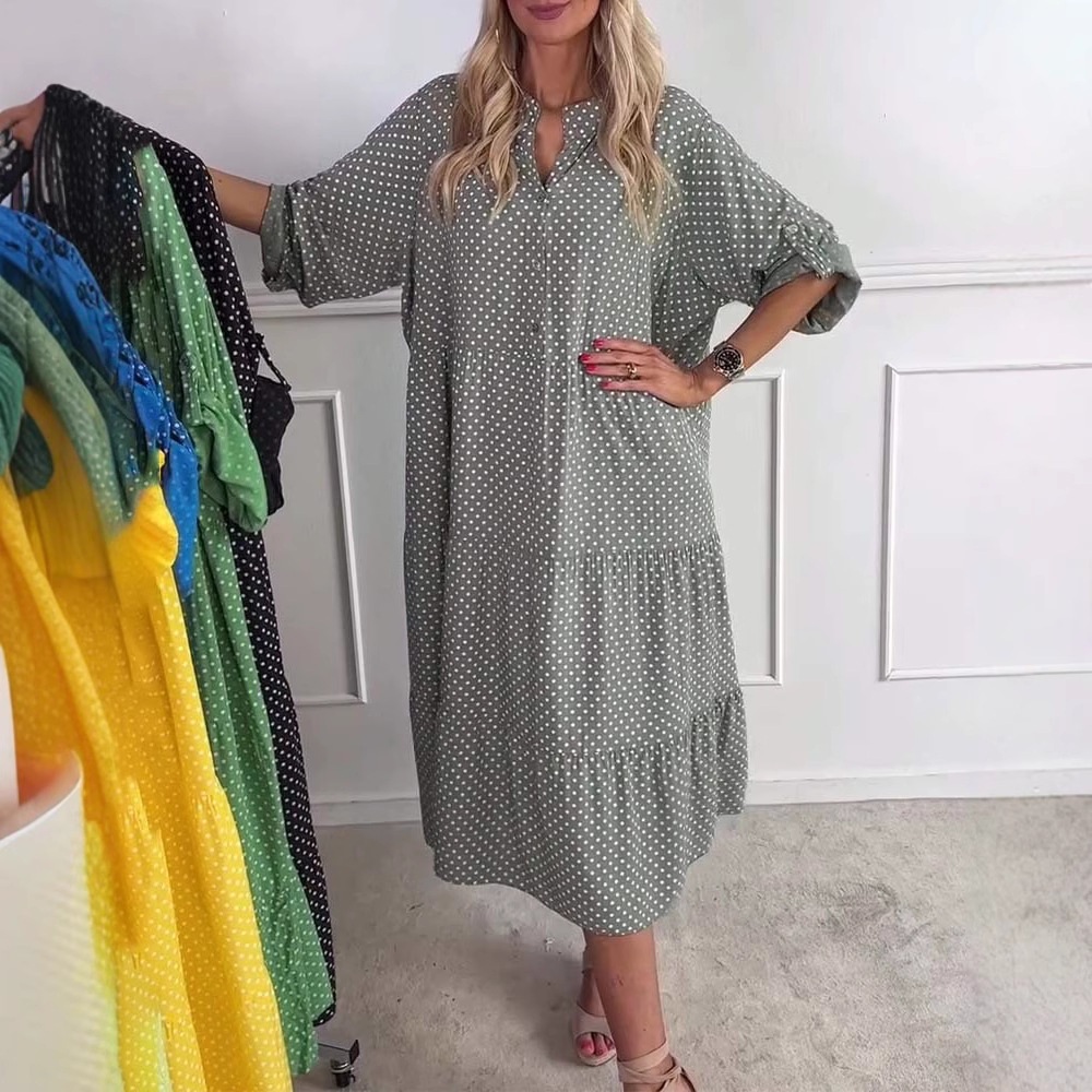 European And American Printed Stand Collar Polka Dot Button Loose Dress