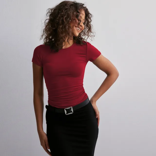 Women's Spring And Summer Solid Color Top Slim Slimming Short sleeved T shirt Red - Shop at LoveMi
