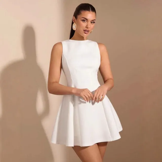 Solid color A line Sleeveless Slim fit Elegant Tea Party Dress White - Shop at LoveMi