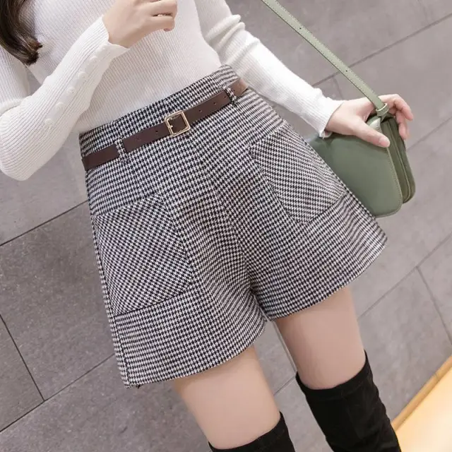 Woolen Women's Outer Wear Wide Leg Shorts Women's Winter High Waist Black And White Plaid - Shop at LoveMi