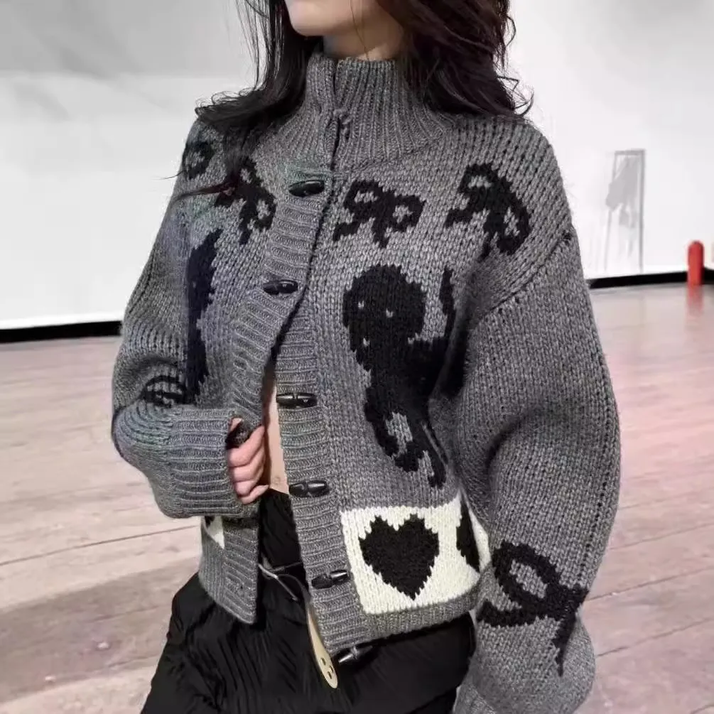 Pattern Stand Collar Knitted Coat For Women - Gray