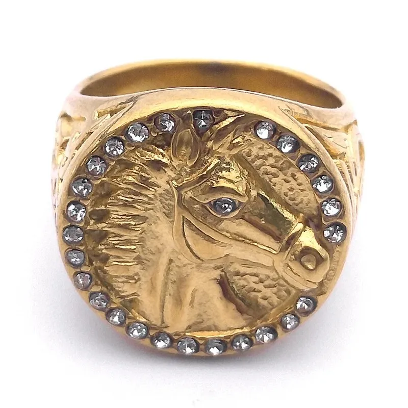 Stainless Steel Zodiac Horse Men's Ring - Gold