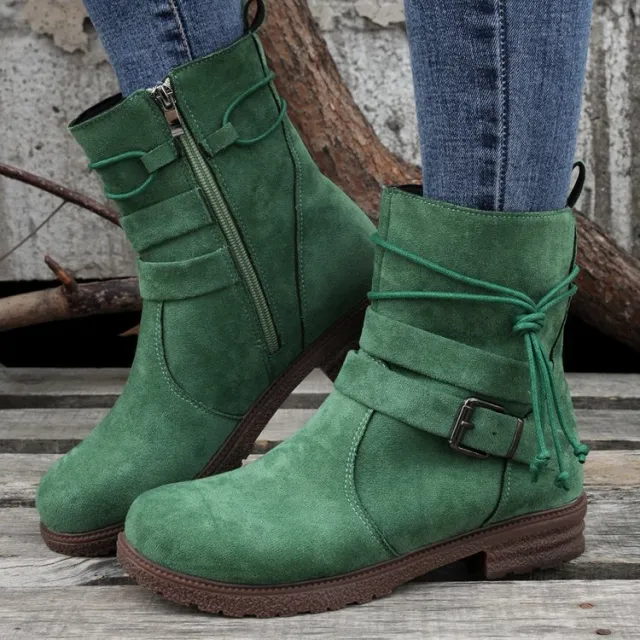 Buckle Square Heel Round Head Fashion Boots New Side Zipper Mid calf Green - Shop at LoveMi