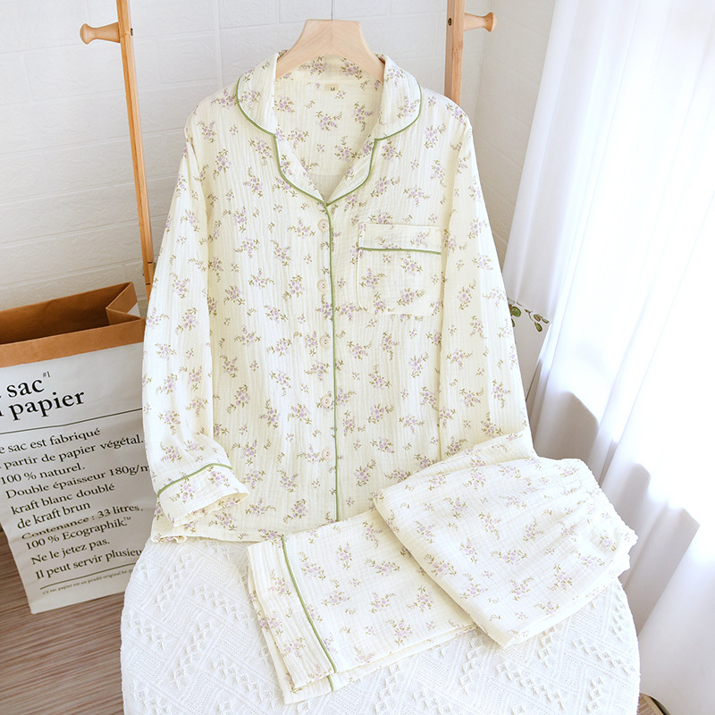 New Cotton Double-layer Gauze Sleeping Long Sleeve Cardigan Plus Size Summer Thin Cotton Homewear Suit