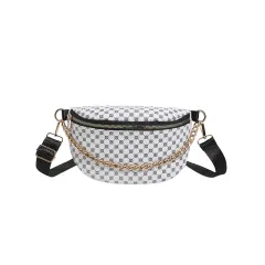 Metal Chain Shoulder Messenger Bag Full Printed Plaid Women - White - View 1