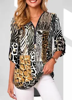 V-neck Zipper Long Sleeve Rollable Sleeves Loose Shirt - Element 5-L - View 1
