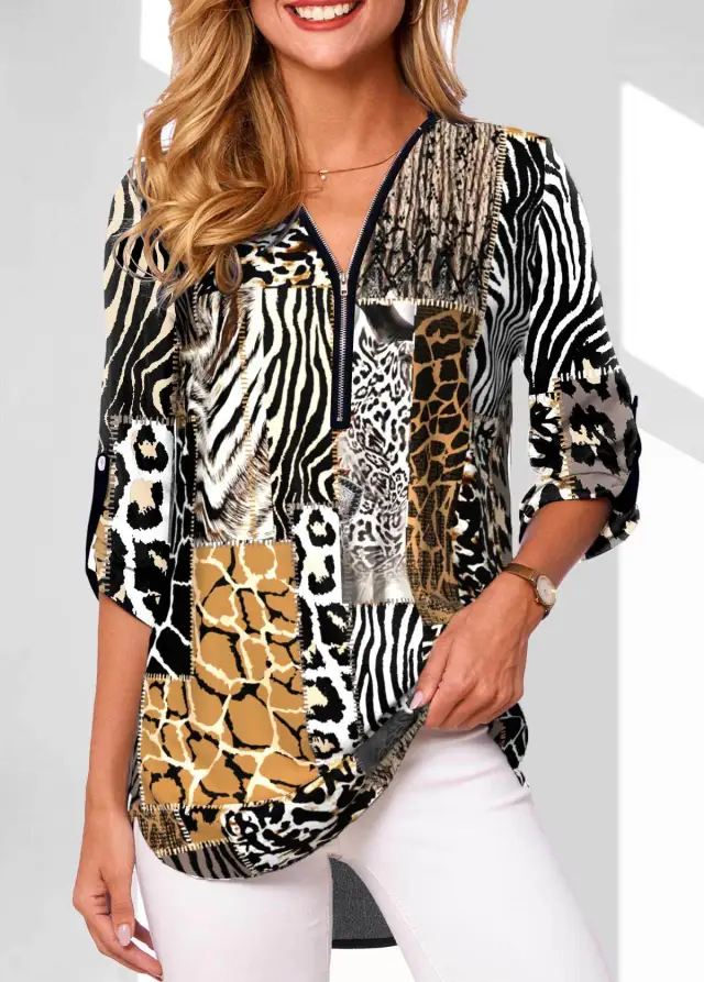 V neck Zipper Long Sleeve Rollable Sleeves Loose Shirt Element 5 L - Shop at LoveMi