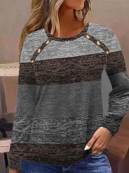 Color Block Printed Button Long Sleeve Round Neck T shirt Gray - Shop at LoveMi