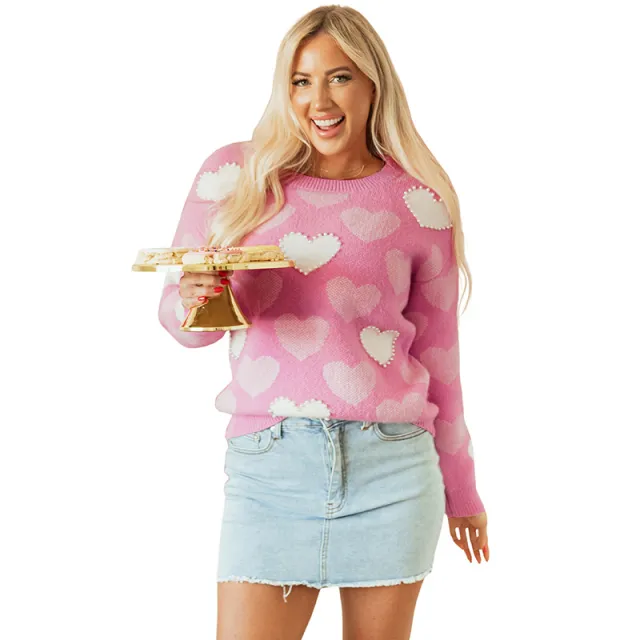 Autumn Crew Neck Women's European And American Inserted Beads Sweater Pink - Shop at LoveMi