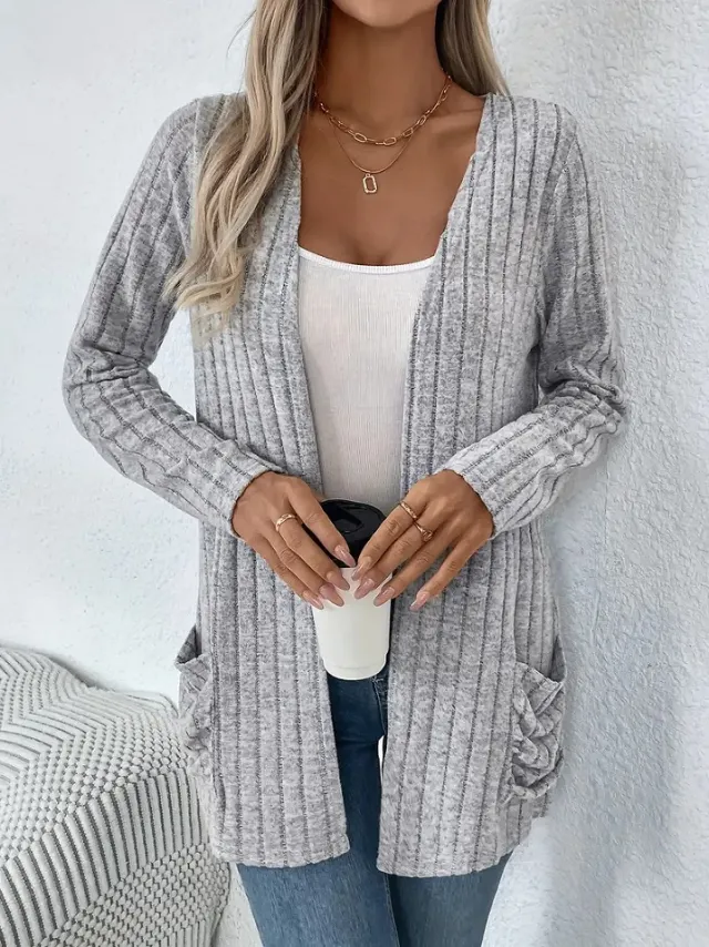 Solid Color Pocket Long Sleeve Bottoming Cardigan Knitwear Grey - Shop at LoveMi