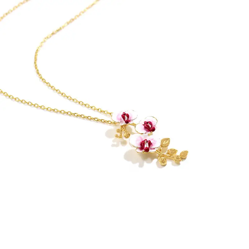 Phalaenopsis Hand Painted Enamel Flower 18k Necklace Clavicle Chain