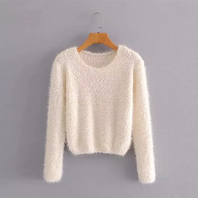 Solid Color Round Neck Pullover Short Pineapple Pin Sweater Beige - Shop at LoveMi