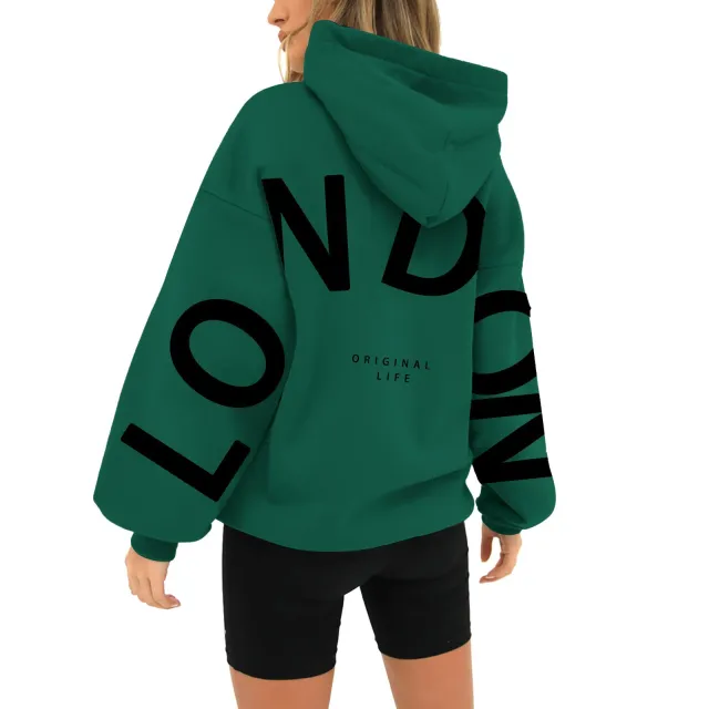 Printed Long Sleeve Loose Pockets Hooded Sweater Green - Shop at LoveMi