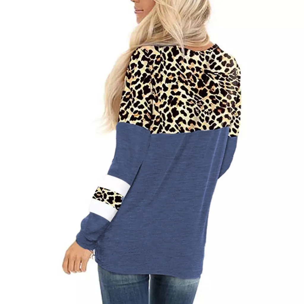 Leopard Print Round Neck Long Sleeve T-shirt Bottoming Shirt - Blue