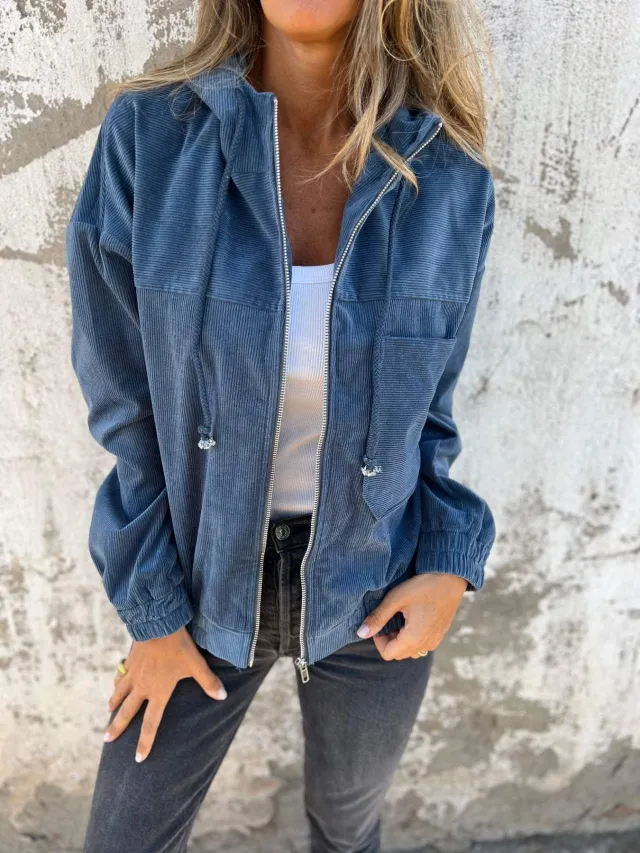 Corduroy Hooded Zip up Jacket With Pockets Fashion Casual Drawstring Tops Outerwear Women's Clothing Navy - Shop at LoveMi