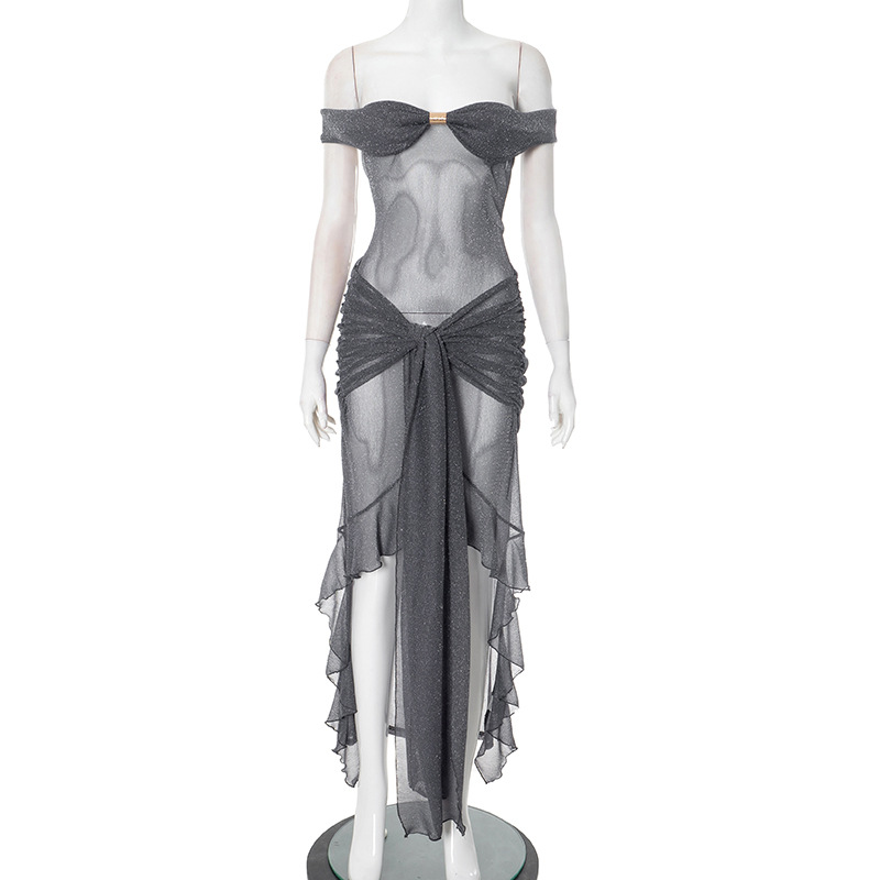 Sexy Fashion Slim Fit Tube Top Backless Silver Silk See-through Dress Women