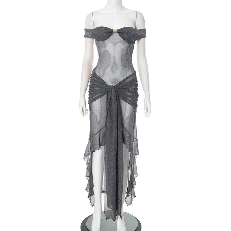 Sexy Fashion Slim Fit Tube Top Backless Silver Silk See-through Dress Women - Gray