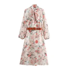 European And American Style French Style With Belt Flower Print Midi Skirt Dress - View 1